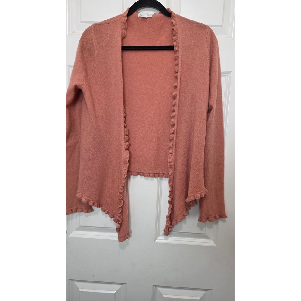 Garnet Hill Ruffle Trim Cardigan Womens Small Pink 100% Cashmere Open Front Knit